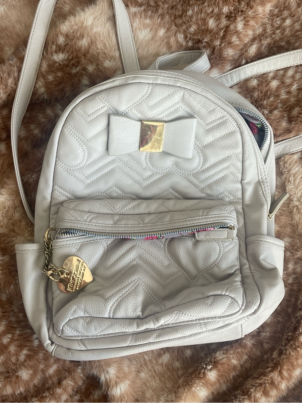 Betsey Johnson White Quilted Mini Backpack with Bow and Heart Charm